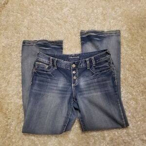 Y2k Maurices Button Fly Flared Leg Distressed Stretch Denim Embroidered Sz 11(34